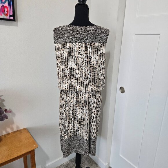 Ellen Tracy Black and Tan Sleeveless Tie Waist Geometrical Midi Dress Large - Picture 6 of 14